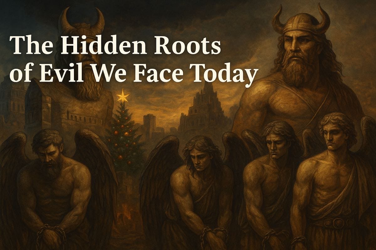 Biblical artwork showing Nimrod, fallen angels in chains, and the Tower of Babel under a stormy sky, symbolizing the roots of evil.