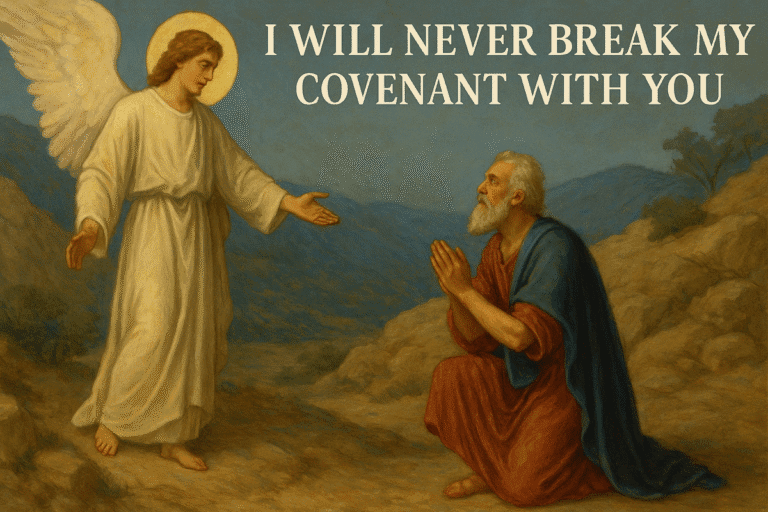 Biblical artwork showing an angel delivering God’s covenant to Israel, symbolizing obedience, protection, and consequences of rebellion.