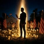 Charlie Kirk memorial image showing Christian martyr's light continuing to shine and bring people to Christ after assassination