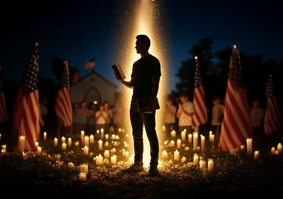 Charlie Kirk memorial image showing Christian martyr's light continuing to shine and bring people to Christ after assassination