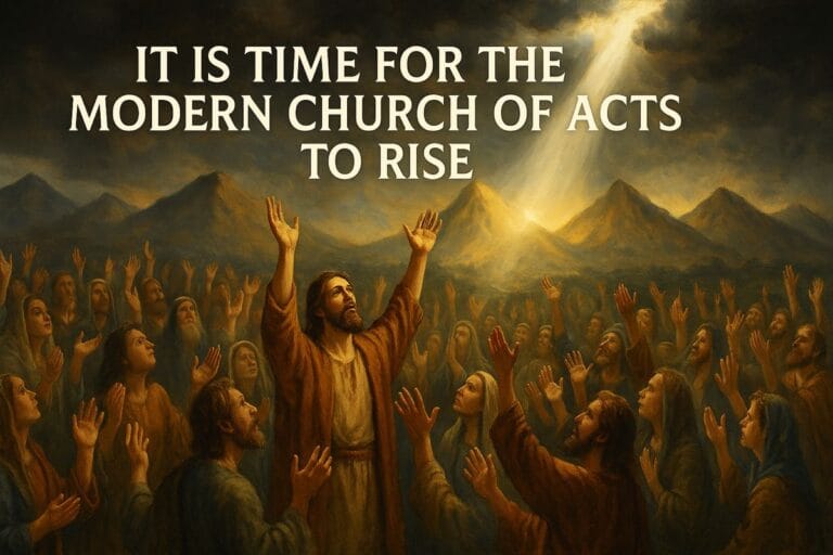 Biblical artwork showing the early church of Acts rising with unity and prayer, symbolizing the call for the modern church to reclaim the 7 mountains of influence.