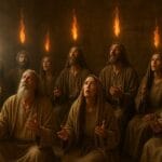 Day of Pentecost showing 120 ordinary believers receiving Holy Spirit fire, not just apostles