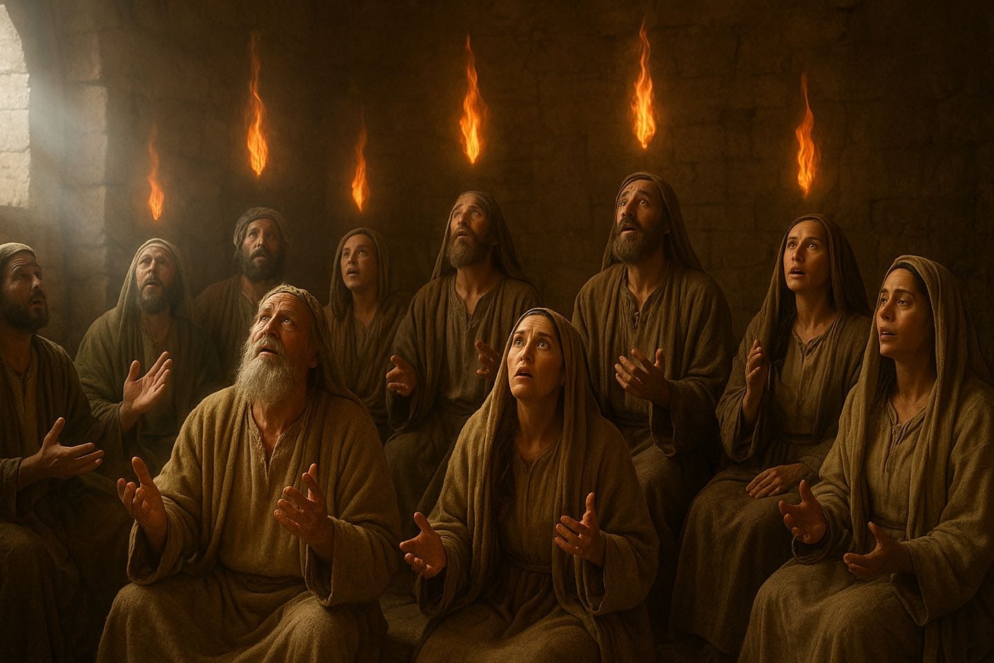 Day of Pentecost showing 120 ordinary believers receiving Holy Spirit fire, not just apostles