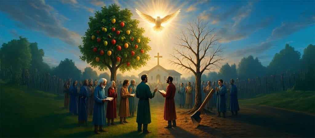 The Axe at the Root Exposing Unfruitful Trees and Spiritual Deception - KRK Church Divine axe with holy fire cutting at roots of trees in spiritual forest with church standing in discernment between fruitful and barren trees
