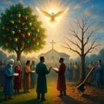 Divine axe with holy fire cutting at roots of trees in spiritual forest with church standing in discernment between fruitful and barren trees