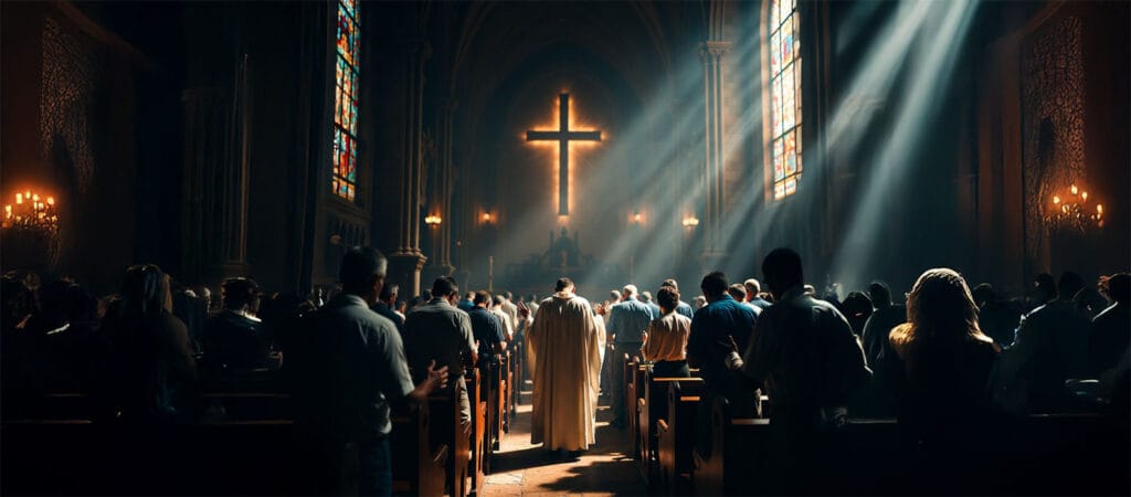 Church congregation in unified prayer stance on spiritual battleground with divine light breaking through storm clouds and closing spiritual gates