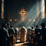 Church congregation in unified prayer stance on spiritual battleground with divine light breaking through storm clouds and closing spiritual gates