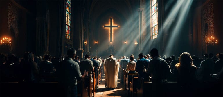 Church Taking Spiritual Offensive in Prayer Warfare - KRK Church Church congregation in unified prayer stance on spiritual battleground with divine light breaking through storm clouds and closing spiritual gates