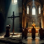 Split scene showing ornate religious institutions in shadow versus humble house church with Holy Spirit fire and broken heart before the cross