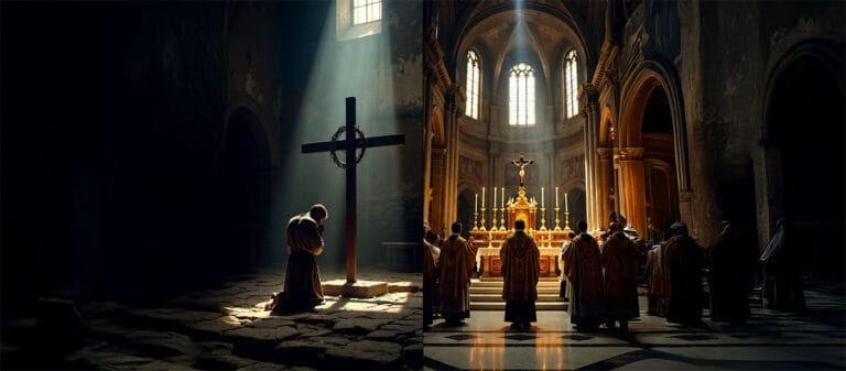 Relationship with Jesus Versus Man-Made Religion and Humble Broken Heart - KRK Church Split scene showing ornate religious institutions in shadow versus humble house church with Holy Spirit fire and broken heart before the cross