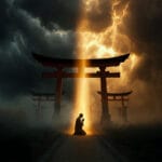 Christian believer kneeling in prayer between darkness and light representing spiritual warfare in Japan