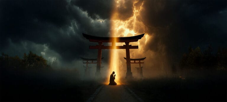 Christian believer kneeling in prayer between darkness and light representing spiritual warfare in Japan