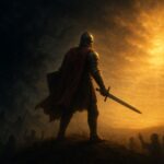 Christian spiritual warrior standing on hilltop at dawn facing darkness with light breaking through