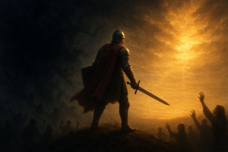 Christian spiritual warrior standing on hilltop at dawn facing darkness with light breaking through