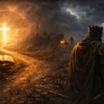 Crossroads between light and darkness symbolizing choosing God, covenant protection, repentance, and spiritual warfare.