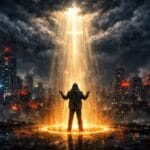 A lone believer standing in divine light against a dark fallen world skyline, arms raised in prayer as heavenly light breaks through storm clouds.