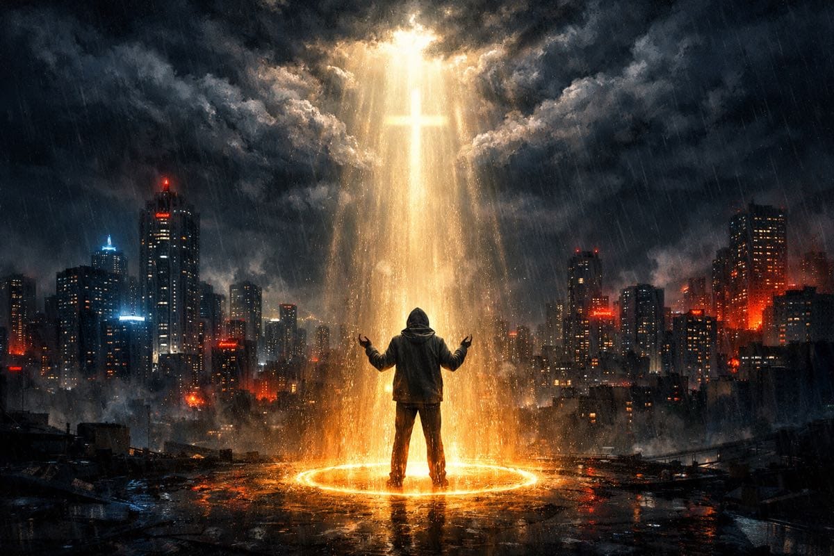 A lone believer standing in divine light against a dark fallen world skyline, arms raised in prayer as heavenly light breaks through storm clouds.
