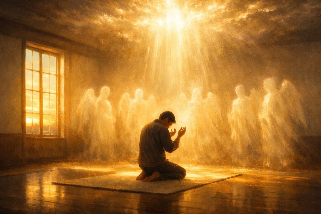 A believer kneeling alone in prayer in a sunlit room, surrounded by angelic protection as heavenly light descends from above.