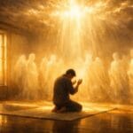 A believer kneeling alone in prayer in a sunlit room, surrounded by angelic protection as heavenly light descends from above.