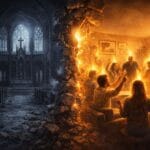 A cold empty cathedral contrasted with a warmly lit home church where believers are filled with Holy Spirit fire, representing true Ekklesia over religion.