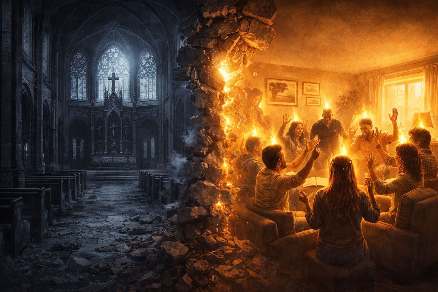 A cold empty cathedral contrasted with a warmly lit home church where believers are filled with Holy Spirit fire, representing true Ekklesia over religion.