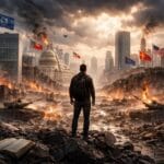 A lone warrior on horseback in divine light charging toward a scarlet and purple cathedral on seven hills, representing the final end-time battle against Mystery Babylon.