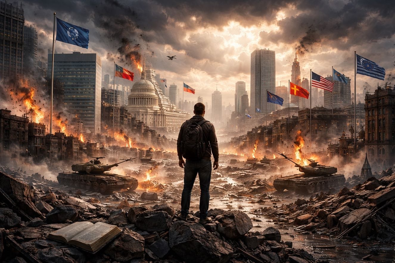 A lone warrior on horseback in divine light charging toward a scarlet and purple cathedral on seven hills, representing the final end-time battle against Mystery Babylon.