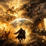 A man kneeling in persistent prayer beneath a shaft of divine light partially blocked by spiritual resistance, representing God's timing and the call to pray without ceasing.