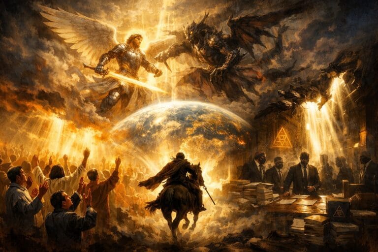 A man kneeling in persistent prayer beneath a shaft of divine light partially blocked by spiritual resistance, representing God's timing and the call to pray without ceasing.