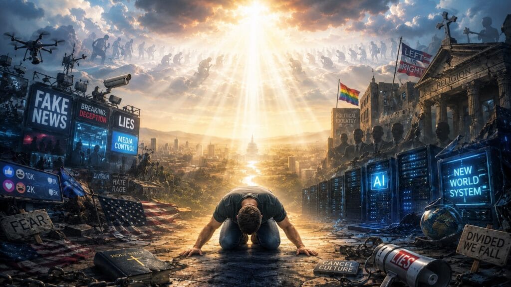 A man kneeling in total surrender with arms raised beneath a column of divine light, as broken chains lie before him and a corrupt world system crumbles in the shadows around him.